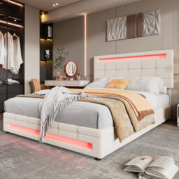 Abrihome Upholstered Bed, Hydraulic Bed, Adults Teenagers Double Bed, With 7Colors Led-Light Strips, Velvet+Iron, 135X190Cm,beige