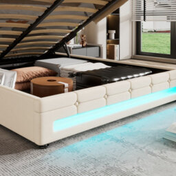 Abrihome Upholstered Bed, Hydraulic Bed, Adults Teenagers Double Bed, With 7Colors Led-Light Strips, Velvet+Iron, 135X190Cm,beige - thumbnail 7