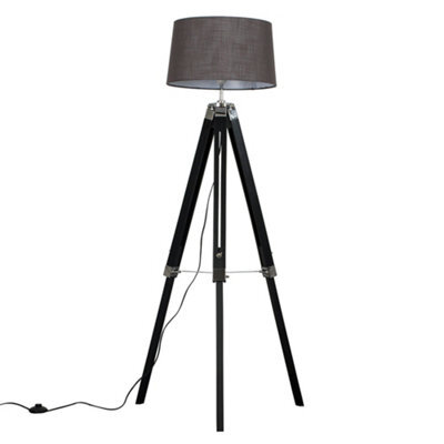 Valuelights Clipper Black Wood And Silver Chrome Tripod Floor Lamp With Grey Tapered Shade - Includes 6W Led Gls Bulb 3000K - image 1