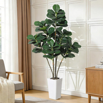 London Boutique 180Cm Multi-Stem 6 Head Artificial Fiddle Leaf Fig Tree, Lifelike Silk Ficus Lyrata Faux Plant With White Planter - image 1