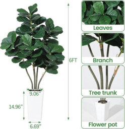 London Boutique 180Cm Multi-Stem 6 Head Artificial Fiddle Leaf Fig Tree, Lifelike Silk Ficus Lyrata Faux Plant With White Planter - thumbnail 2