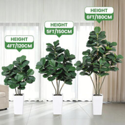 London Boutique 180Cm Multi-Stem 6 Head Artificial Fiddle Leaf Fig Tree, Lifelike Silk Ficus Lyrata Faux Plant With White Planter - thumbnail 3