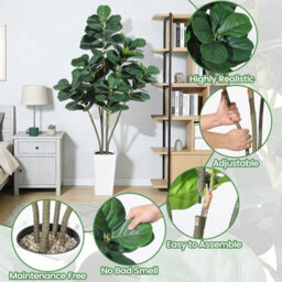 London Boutique 180Cm Multi-Stem 6 Head Artificial Fiddle Leaf Fig Tree, Lifelike Silk Ficus Lyrata Faux Plant With White Planter - thumbnail 4