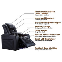 Valencia Tuscany Home Cinema Seating Single Black Nappa Leather Power Headrest And Recliner Diamond Stitching - thumbnail 5