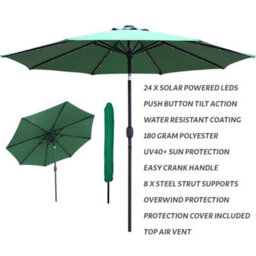 Glamhaus Garden Parasol Solar Led 2.7M ,tilting Table Umbrella With Crank Handle, Protection Uv40, Includes Parasol Cover- Green - thumbnail 2