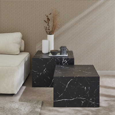 Sweeek - Pair Of Square Coffee Tables With Marble Effect Paros Black 58X58X40 Cm - image 1