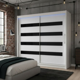 Bega Xi 180 Cm Sliding Door Wardrobe With Shelves And Hanging Rail Storage White With Black And Led Lights - thumbnail 1