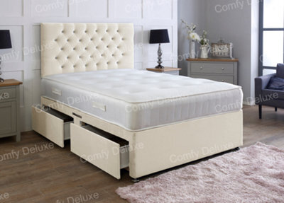 Comfy Deluxe Cream Plush 4Ft6 Double Divan Bed With Mattress And Headboard No Drawers