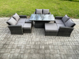 Fimous Wicker Pe Rattan Garden Furniture Set Height Adjustable Rising Lifting Table Sofa Dining Set With 3 Footstools - thumbnail 1