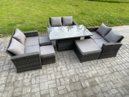 Fimous Wicker Pe Rattan Garden Furniture Set Height Adjustable Rising Lifting Table Sofa Dining Set With 3 Footstools - thumbnail 2