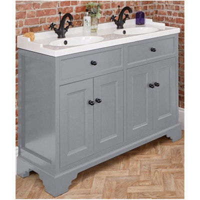 Homestylestore 1210mm Light Grey Bathroom Vanity Unit With Double Basin And Black Round Handles - image 1