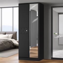 San Jose Ready Assembled Contemporary Matt Black Tall Double Wardrobe With 1 Mirror Door (H)1960mm (W)740mm (D)520mm - thumbnail 3