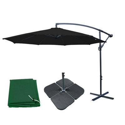 Sundaze 3M Black Cantilever Banana Parasol Crank Handle Patio Garden Umbrella With Base Weights & Cover - image 1