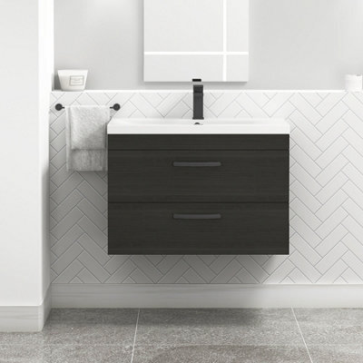 Royal Bathrooms Turin Hale Black 800mm Wall Hung Vanity Unit 2 Drawer With Mid-Edge Basin Sink & Matt Black Handles - image 1