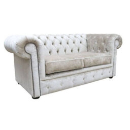 Chesterfield 2 Seater Sofa Settee Pastiche Linen Cream Velvet Fabric In Classic Style - thumbnail 2
