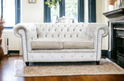 Chesterfield 2 Seater Sofa Settee Pastiche Linen Cream Velvet Fabric In Classic Style - thumbnail 4