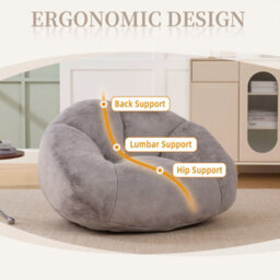 Abrihome Shell-Shaped Giant Bean Bag Sofa With Memory Foam & Faux Fur Cover - High-Comfort Chair For Reading & Gaming, Light Gray - thumbnail 6