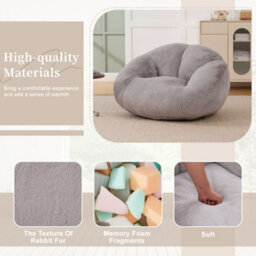 Abrihome Shell-Shaped Giant Bean Bag Sofa With Memory Foam & Faux Fur Cover - High-Comfort Chair For Reading & Gaming, Light Gray - thumbnail 3