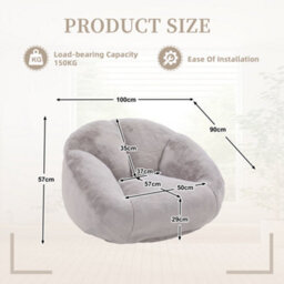 Abrihome Shell-Shaped Giant Bean Bag Sofa With Memory Foam & Faux Fur Cover - High-Comfort Chair For Reading & Gaming, Light Gray - thumbnail 8