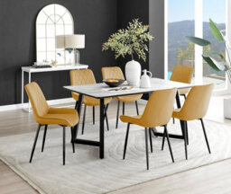 Furniturebox Carson 6 Seater White Marble Effect Rectangular Scratch Resistant Dining Table With 6 Mustard Pesaro Velvet Black Leg Chairs