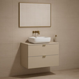 Impact Furniture Bathroom Vanity Unit With Sink Beige Wall Cabinet With 600mm Worktop Countertop Floating Drawer Storage White Oval Basin Dalia