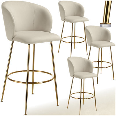 Tectake Bar Stool Luana - With Backrest, Velvet Look And Padded - Cream/gold, Set Of 4 - image 1