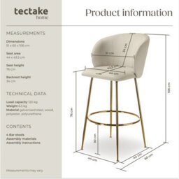 Tectake Bar Stool Luana - With Backrest, Velvet Look And Padded - Cream/gold, Set Of 4 - thumbnail 6