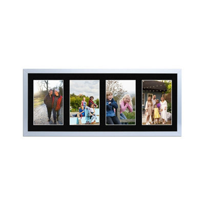 AK Frames 50X20Cm Silver Sleek Multi Photo Frame With Black Mount - Holds 4 Apertures (4X) 6X4 Photos - image 1