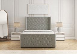 "Bsspoke Divan Bed Set Silver Velvet With 54Inch Wingedback Headboard & 20"" Footboard & Mattress No Drawers 3Ft 4Ft 4Ft6 5Ft 6Ft" - thumbnail 1