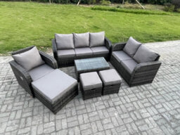 Fimous Outdoor Garden Furniture Sets 7 Pieces Wicker Rattan Furniture Sofa Sets With Coffee Table Loveseat Sofa 3 Footstools - thumbnail 2