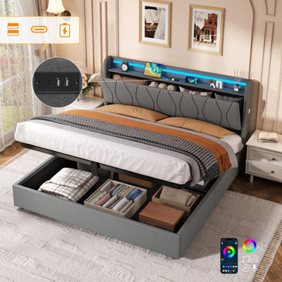 Btm 5Ft King Linen Hydraulic Bed With Led Headboard, Hidden Storage   Usb Type C Charging Ports, Grey - image 1