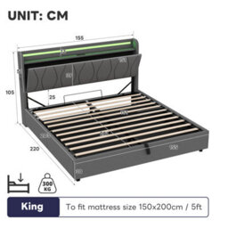 Btm 5Ft King Linen Hydraulic Bed With Led Headboard, Hidden Storage   Usb Type C Charging Ports, Grey - thumbnail 9