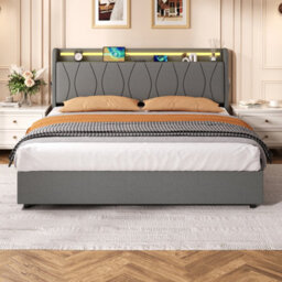 Btm 5Ft King Linen Hydraulic Bed With Led Headboard, Hidden Storage   Usb Type C Charging Ports, Grey - thumbnail 5