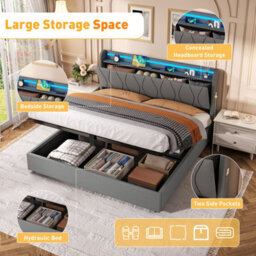 Btm 5Ft King Linen Hydraulic Bed With Led Headboard, Hidden Storage   Usb Type C Charging Ports, Grey - thumbnail 6