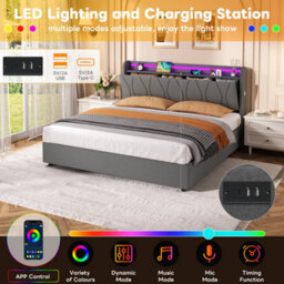 Btm 5Ft King Linen Hydraulic Bed With Led Headboard, Hidden Storage   Usb Type C Charging Ports, Grey - thumbnail 7