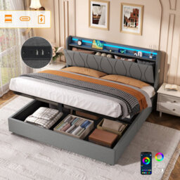 Btm 5Ft King Linen Hydraulic Bed With Led Headboard, Hidden Storage   Usb Type C Charging Ports, Grey - thumbnail 1