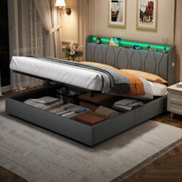 Btm 5Ft King Linen Hydraulic Bed With Led Headboard, Hidden Storage   Usb Type C Charging Ports, Grey - thumbnail 3