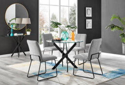 Furniturebox Novara Clear Tempered Glass 100Cm Round Dining Table With Black Starburst Legs & 4 Light Grey Halle Fabric Chairs - thumbnail 1