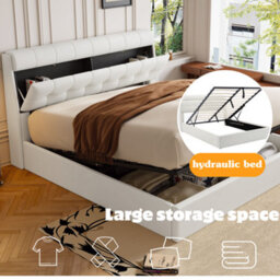 Btm Fashion Upholstered Bed 135X190 4Ft6 Double With Hydraulic Concealed Headboard & Storage Box, Pu Slats,cream White - thumbnail 6