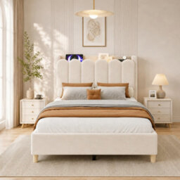 Modernluxe 3Ft Single Bed, 90 X 190 Cm, Upholstered Bed With Usb & Type-C Charging Ports And Reading Light, Velvet, Beige - thumbnail 2