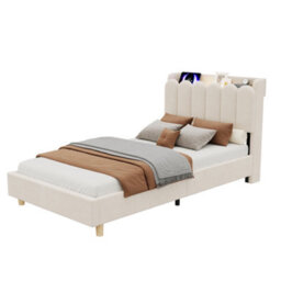 Modernluxe 3Ft Single Bed, 90 X 190 Cm, Upholstered Bed With Usb & Type-C Charging Ports And Reading Light, Velvet, Beige - thumbnail 8