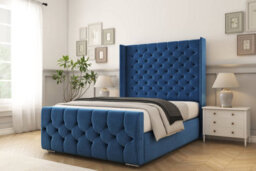 "Sloomy Luthor Navy Plush Bed Frame With 50""  Upholstered Wingback Headboard 2'6 Small Single" - thumbnail 2