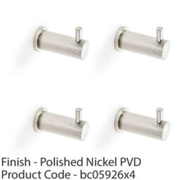 Loops 4 Pack - Solid Brass Knurled Single Robe Coat Hook - Wall Mounted Holder Polished Nickel - thumbnail 2