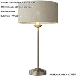 Loops Brushed Chrome Plate Table Lamp - Natural Linen Shade - 447mm Tall Light - 7W Led E14 - thumbnail 2