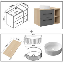 AVER-GROWTH 800mm Bathroom Vanity Unit With Ceramic Sink 2 Drawer Countertop Basin Wall Hung Matt Grey Oak Bathroom Cabinet Shelves Storage - thumbnail 7