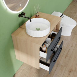 AVER-GROWTH 800mm Bathroom Vanity Unit With Ceramic Sink 2 Drawer Countertop Basin Wall Hung Matt Grey Oak Bathroom Cabinet Shelves Storage - thumbnail 5