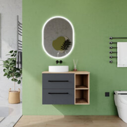 AVER-GROWTH 800mm Bathroom Vanity Unit With Ceramic Sink 2 Drawer Countertop Basin Wall Hung Matt Grey Oak Bathroom Cabinet Shelves Storage - thumbnail 3