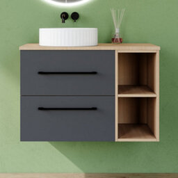 AVER-GROWTH 800mm Bathroom Vanity Unit With Ceramic Sink 2 Drawer Countertop Basin Wall Hung Matt Grey Oak Bathroom Cabinet Shelves Storage - thumbnail 6