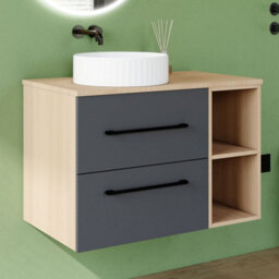 AVER-GROWTH 800mm Bathroom Vanity Unit With Ceramic Sink 2 Drawer Countertop Basin Wall Hung Matt Grey Oak Bathroom Cabinet Shelves Storage