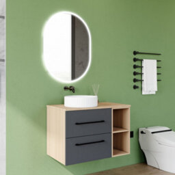 AVER-GROWTH 800mm Bathroom Vanity Unit With Ceramic Sink 2 Drawer Countertop Basin Wall Hung Matt Grey Oak Bathroom Cabinet Shelves Storage - thumbnail 2